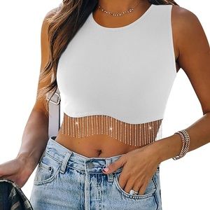 Womens Nashville Sparkly Rhinestone Fringe Sleeveless Top